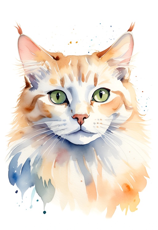 a watercolor painting of a cat with green eyes