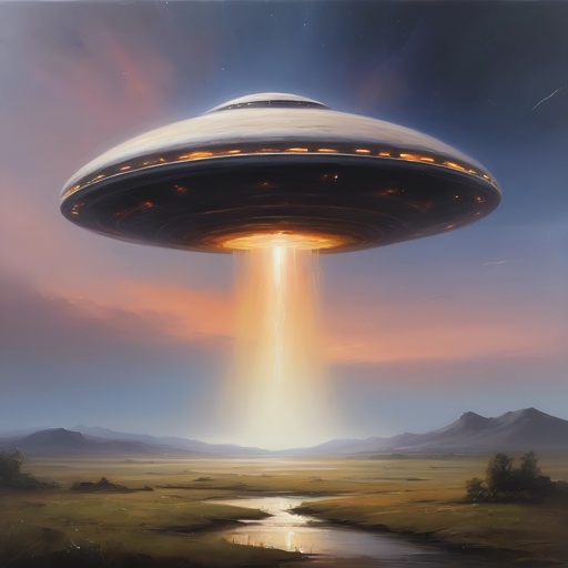 painting of a large flying saucer hovering over a river