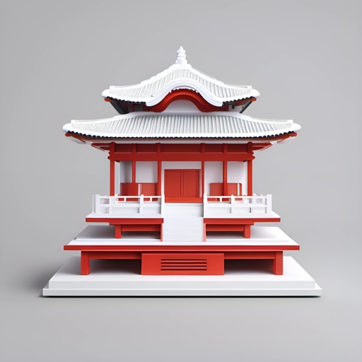 model of a pagoda with a red roof and white railings