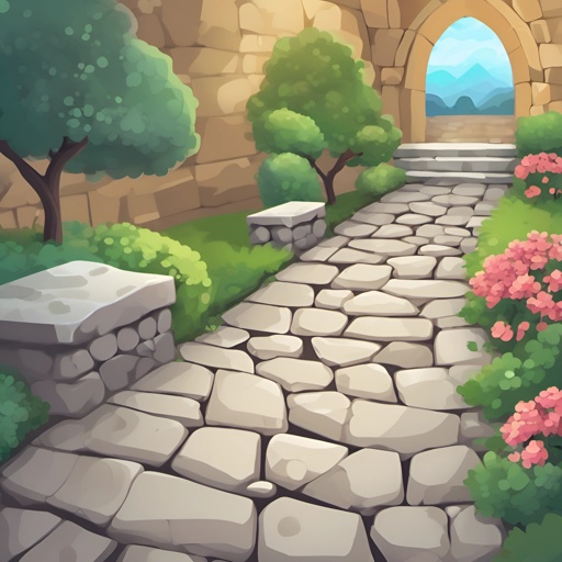 cartoon stone path with flowers and trees in a stone wall