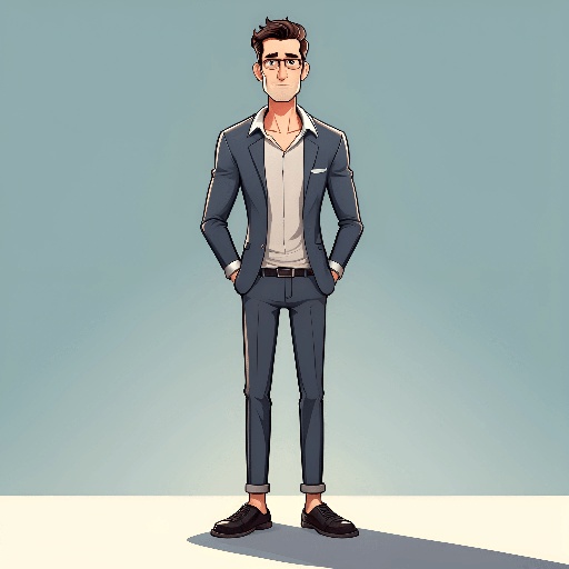 cartoon man in suit and glasses standing with hands in pockets