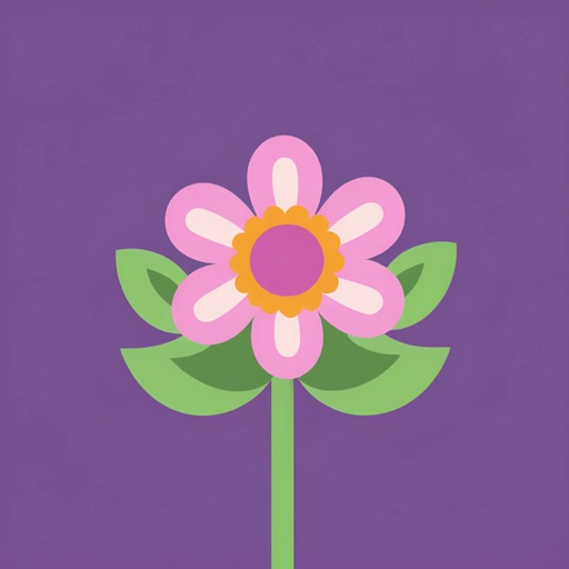 a pink flower with green leaves on a purple background