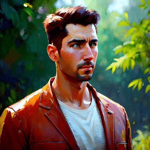 a man in a leather jacket standing in the woods