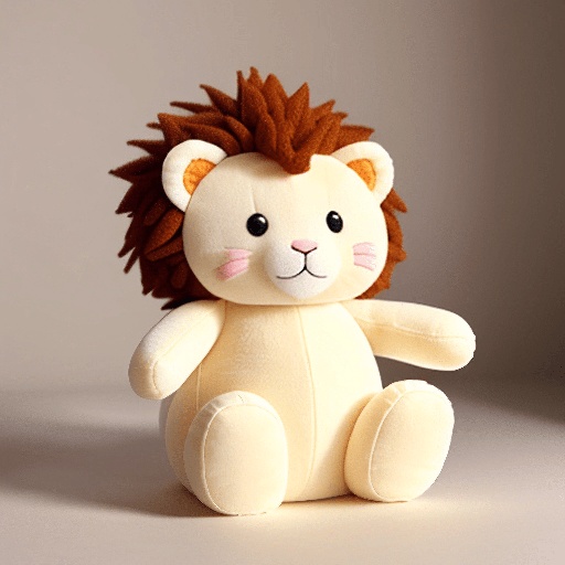 a stuffed lion sitting on a white surface