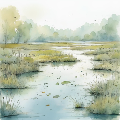 a watercolor painting of a marsh with a pond