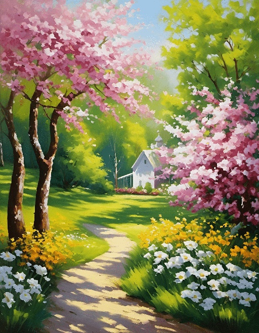 painting of a path leading to a white house in a green field