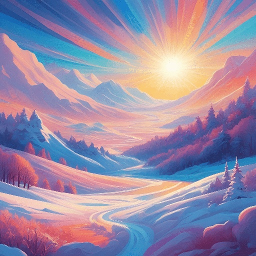 painting of a winter landscape with a sun and a river