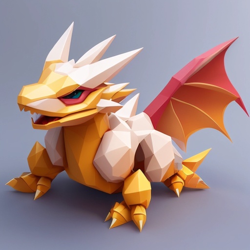 a close up of a papercraft dragon with a red tail