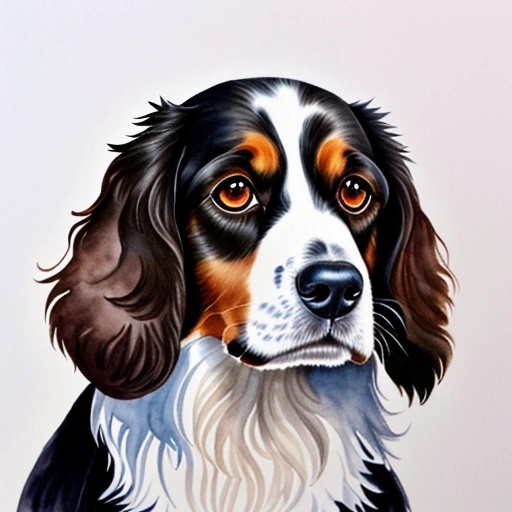 painting of a dog with a white and black face and long hair