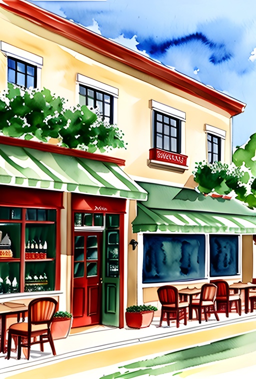 painting of a restaurant with tables and chairs outside of it