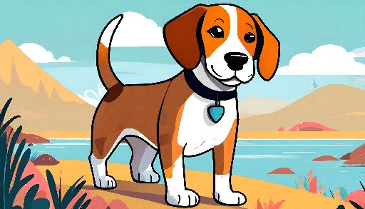 cartoon dog standing on a hill overlooking a lake and mountains