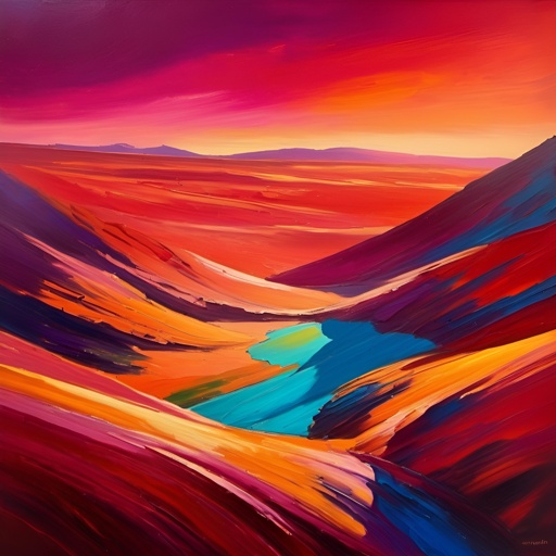 painting of a colorful landscape with a river in the middle