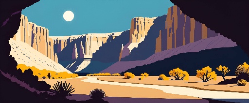 a poster of a desert scene with a river