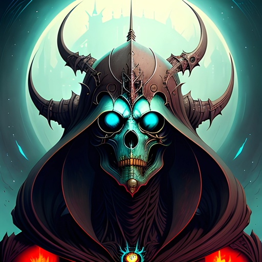 a digital painting of a skull with horns and a hood