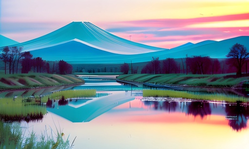 mountains are reflected in a pond at sunset with a mountain in the background