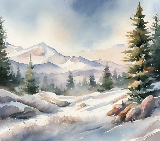 painting of a snowy mountain scene with pine trees and a mountain range