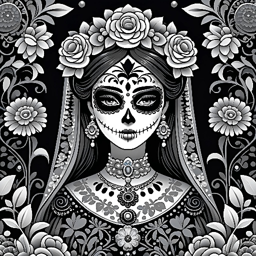 a black and white drawing of a woman with a skull face