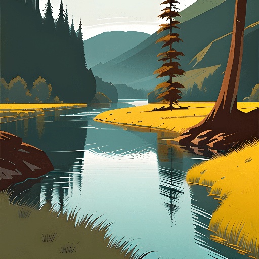 a picture of a painting of a river in the woods