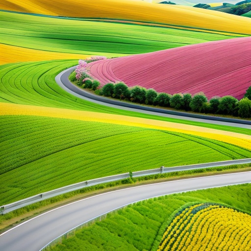 view of a winding road in a colorful field