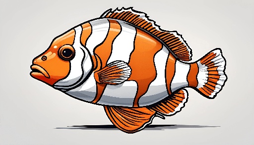 cartoon fish with orange and white stripes on a light background