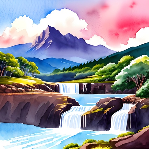 painting of a waterfall with a mountain in the background