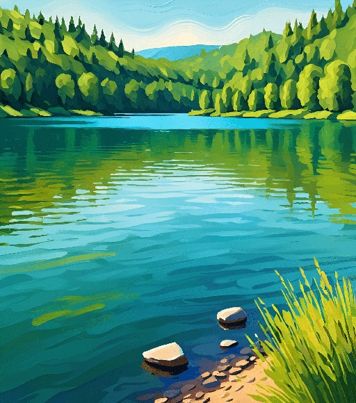 painting of a lake with rocks and grass in the foreground