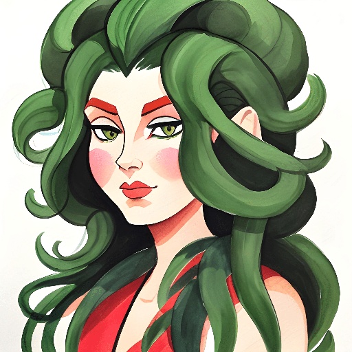 a drawing of a woman with green hair and a red top