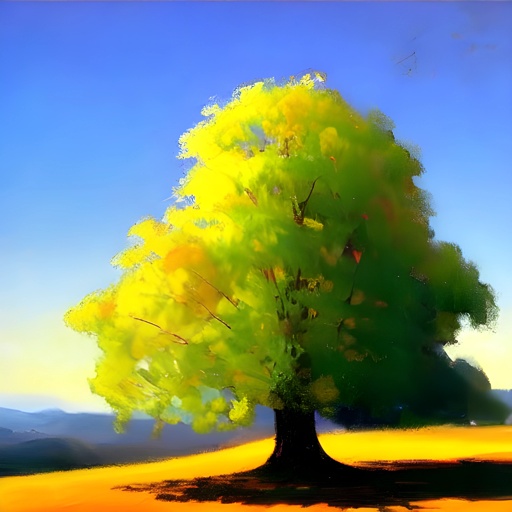 painting of a tree in a field with a blue sky in the background