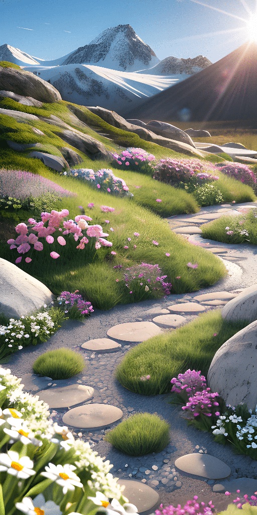 a path that leads to a mountain with flowers