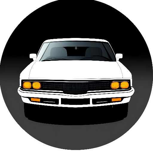 a white car with a black background in a circle