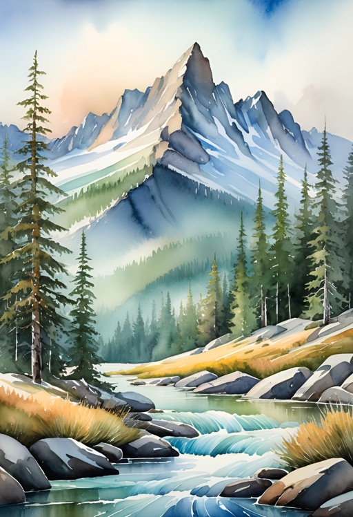 painting of a mountain scene with a stream and trees