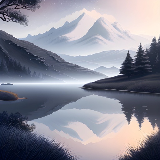 mountains and trees are reflected in a lake at dusk