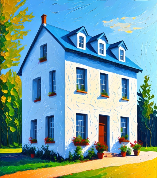 painting of a white house with blue roof and windows