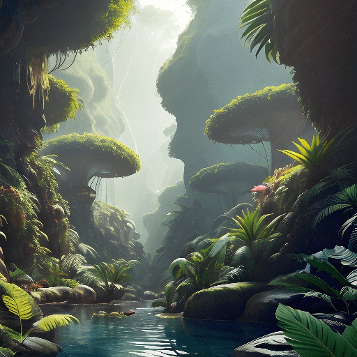 a small stream running through a jungle filled with plants