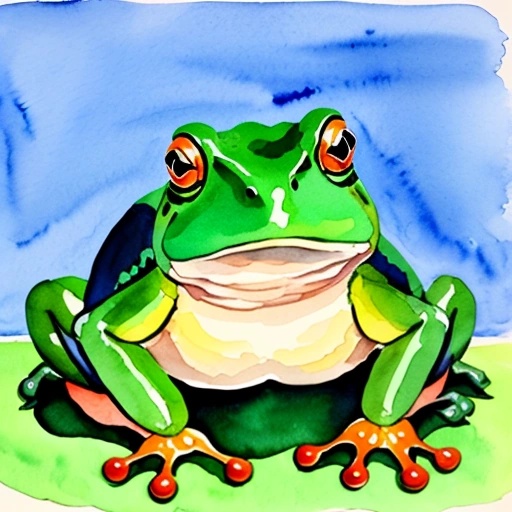 painting of a frog sitting on a green grass with a blue background