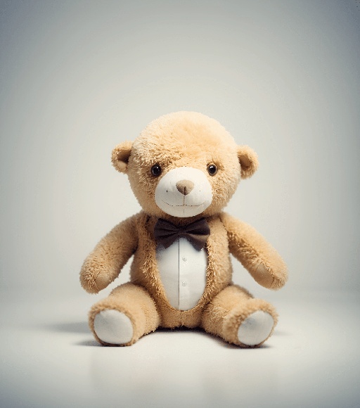 a teddy bear with a bow tie sitting on a white surface