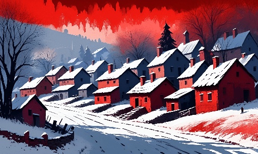 snowy village scene with red houses and red sky
