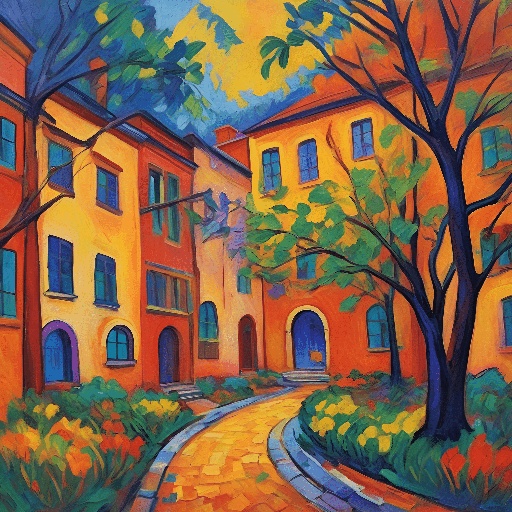 painting of a street with a yellow building and trees