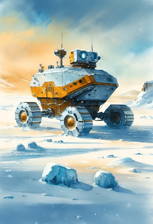 painting of a yellow and white vehicle on a snowy surface