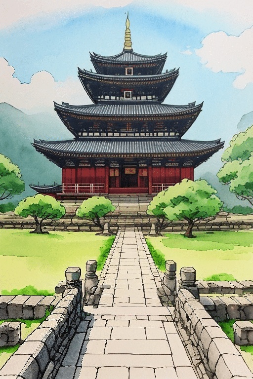 a drawing of a pagoda in a park with a bridge