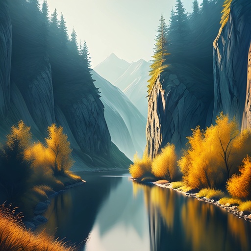 a painting of a mountain river in the middle of a forest