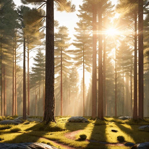 sunlight shining through the trees in a forest with rocks and grass