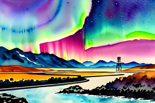 painting of a colorful aurora bore over a mountain range with a river