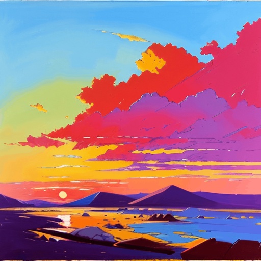 painting of a sunset over a body of water with mountains in the background