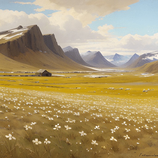 painting of a field of flowers with a mountain in the background