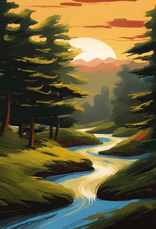 painting of a river running through a forest with a sunset in the background