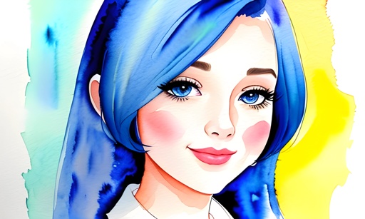 painting of a woman with blue hair and a white shirt