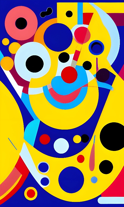 brightly colored abstract painting of a clown with a big smile