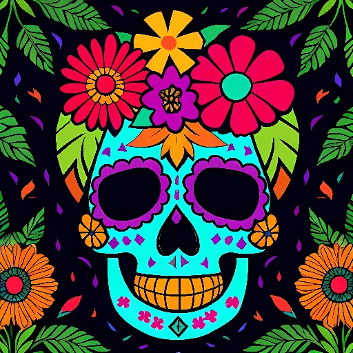 brightly colored sugar skull with flowers and leaves on a black background