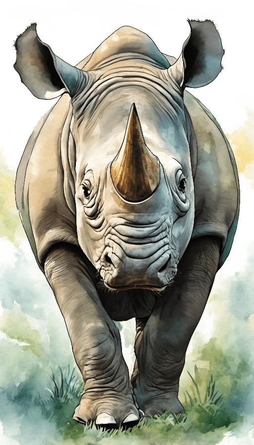 painting of a rhino walking in the grass with a white background